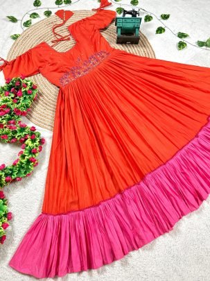 Elegant Orange Flared Dress With Pink Ruffle