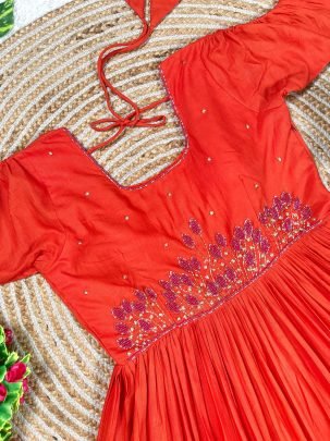Elegant Orange Flared Dress With Pink Ruffle