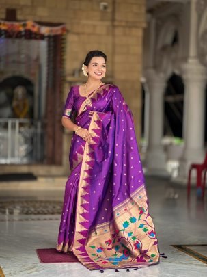 Elegant Paithani Purple Silk Saree With Meenakari Motifs And Zari Temple Golden Border