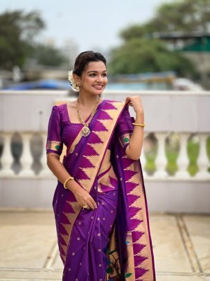 Elegant Paithani Purple Silk Saree With Meenakari Motifs And Zari Temple Golden Border