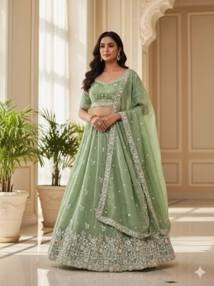 Elegant Pastel Green 4 Meter Flare Silk Lehenga Choli