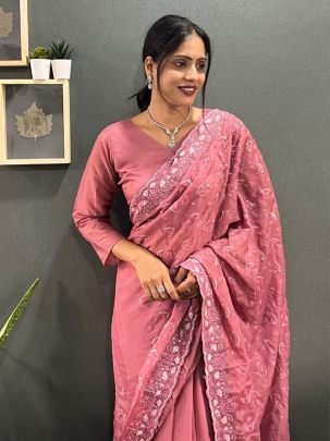 Elegant Peach Multi Sequence Embroidery Work Saree With Sparkling Georgette Silk Blouse