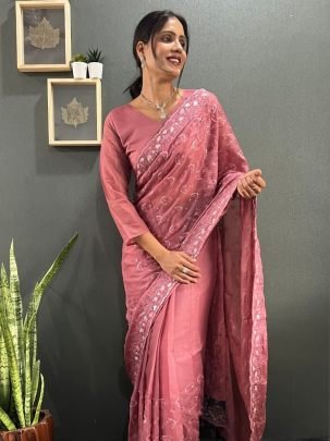 Elegant Peach Multi Sequence Embroidery Work Saree With Sparkling Georgette Silk Blouse