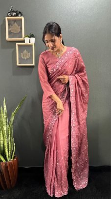 Elegant Peach Multi Sequence Embroidery Work Saree With Sparkling Georgette Silk Blouse