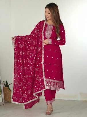 Elegant Pink Georgette Embroidered Suit With Embroidered Lace Border Dupatta