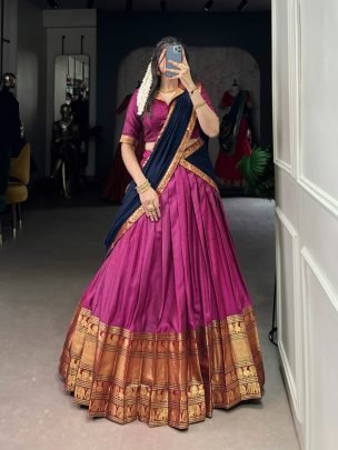 Elegant Pink Narayan Pet Cotton Zari Weaving Lehenga With Dark Blue Dupatta And Belt