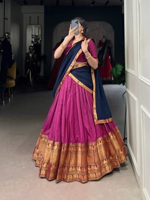 Elegant Pink Narayan Pet Cotton Zari Weaving Lehenga With Dark Blue Dupatta And Belt