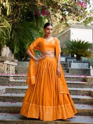 Elegant Pure Chanderi Silk Lehenga Choli Set With Zari Weaving Border
