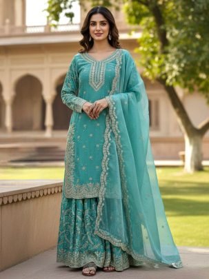 Elegant Pure Gmy Silk Plazzo Suit With Sequence Coding Dori Work Dupatta