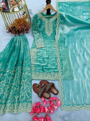 Elegant Pure Gmy Silk Plazzo Suit With Sequence Coding Dori Work Dupatta