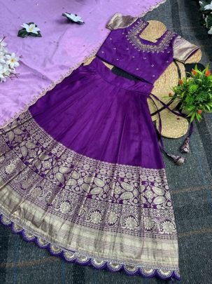 Elegant Purple Pure Silk Kids Lehenga Choli With Maggam Work