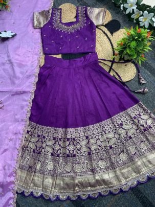 Elegant Purple Pure Silk Kids Lehenga Choli With Maggam Work