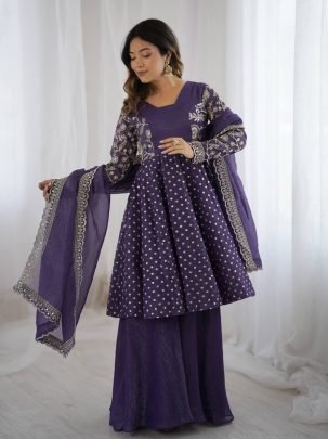 Elegant Purple Silk Embroidered Kurti Palazzo Set With Dupatta