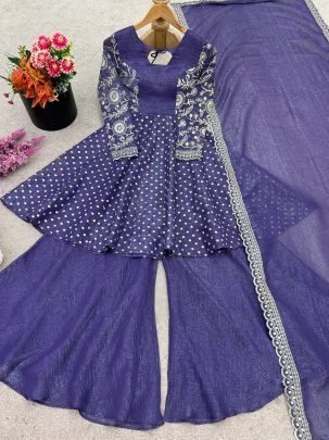 Elegant Purple Silk Embroidered Kurti Palazzo Set With Dupatta