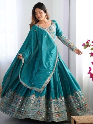 Elegant Rama Green Embroidery Sequence Work Chinon Lehenga Choli