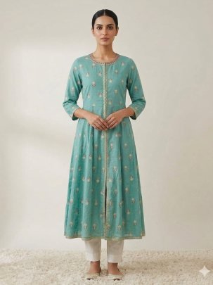Elegant Rayon Cotton Slub Foil Print Kurti With Embroidered Abhla Work