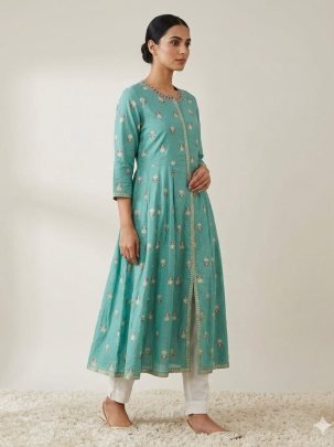 Elegant Rayon Cotton Slub Foil Print Kurti With Embroidered Abhla Work