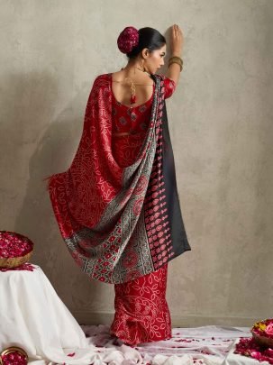 Elegant Red Satin Silk Bandhani Printed Saree With Unstitched Blouse