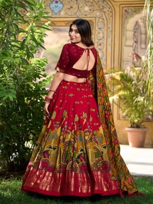 Elegant Red Tasar Silk Kalamkari Print Lehenga With Foil Work Border