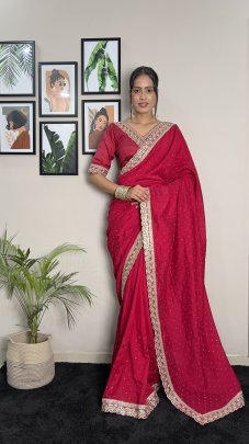Elegant Red Vichitra Silk Saree With Embroidery Work And Swarovski Detailing