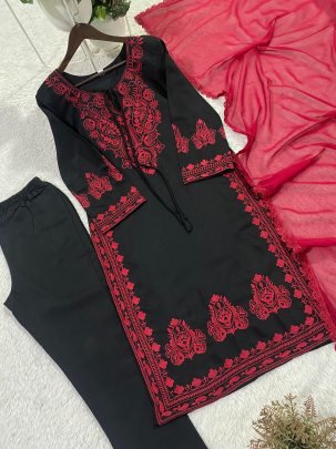 Elegant Roman Silk Embroidered Kurti Pant With Georgette Dupatta
