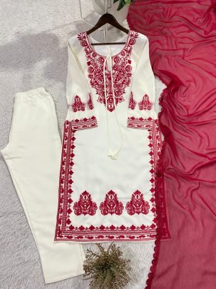 Elegant Roman Silk Red Embroidered White Kurti Pant With Georgette Dupatta