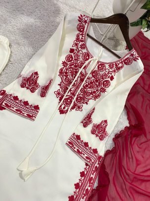 Elegant Roman Silk Red Embroidered White Kurti Pant With Georgette Dupatta