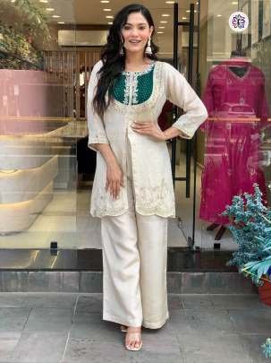 Elegant Roman Silk Sequence Embroidered Work Suit With Cotton Inner