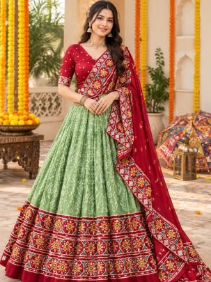 Elegant Sea Green Red Tasar Silk Ikkat Lehenga Set