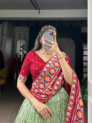 Elegant Sea Green Red Tasar Silk Ikkat Lehenga Set