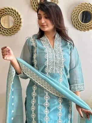 Elegant Sky Blue Vichitra Silk Embroidered Suit With Soft Silk Dupatta