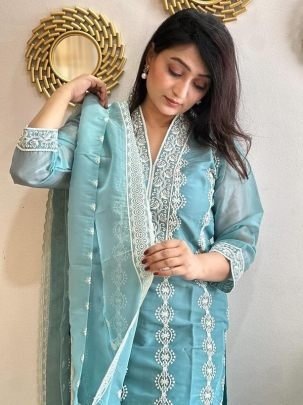 Elegant Sky Blue Vichitra Silk Embroidered Suit With Soft Silk Dupatta
