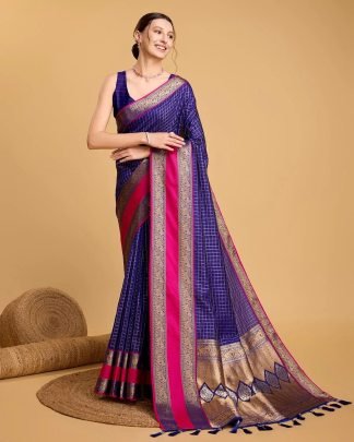 Elegant Soft Kanjivaram Silk Saree With Zari Chex Design And Contrast Border