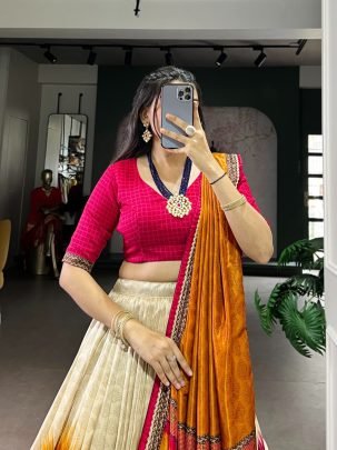 Elegant Tasar Silk Tie And Dye Printed Lehenga With Red Chex Blouse