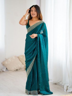 Elegant Teal Blue Fendy Satin Zarkan Handwork Saree With Unstitched Blouse