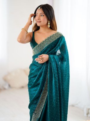 Elegant Teal Blue Fendy Satin Zarkan Handwork Saree With Unstitched Blouse