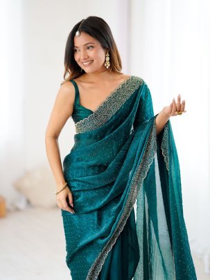 Elegant Teal Blue Fendy Satin Zarkan Handwork Saree With Unstitched Blouse