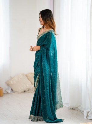 Elegant Teal Blue Fendy Satin Zarkan Handwork Saree With Unstitched Blouse