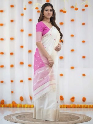Elegant Traditional Wear  Linen Saree with Gold Jari