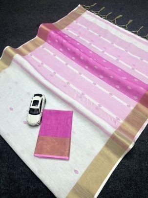 Elegant Traditional Wear  Linen Saree with Gold Jari