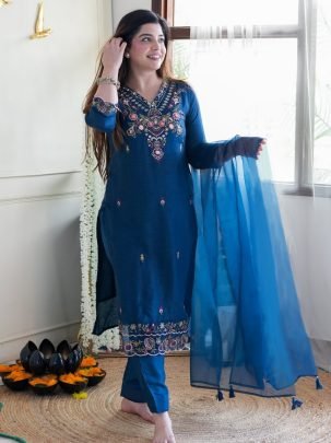 Elegant Vichitra Silk Embroidered Suit With Tabby Silk Dupatta