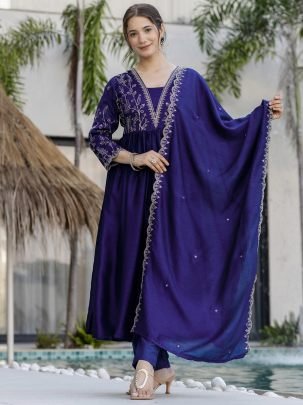 Elegant Vichitra Silk Embroidered Kurti With Rayon Bottom And Dupatta