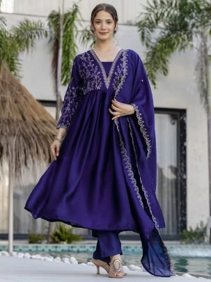 Elegant Vichitra Silk Embroidered Kurti With Rayon Bottom And Dupatta