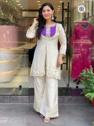 Elegant White And Purple Roman Silk Embroidered Suit Set With Bottom