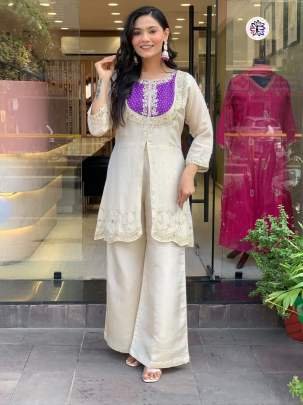 Elegant White And Purple Roman Silk Embroidered Suit Set With Bottom