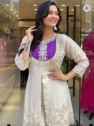 Elegant White And Purple Roman Silk Embroidered Suit Set With Bottom
