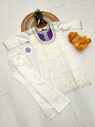 Elegant White And Purple Roman Silk Embroidered Suit Set With Bottom