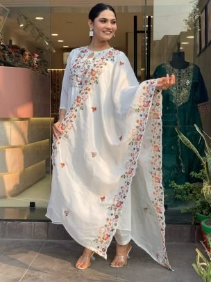 Elegant White Embroidered Tesla Suit With Vichitra Dupatta
