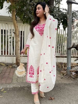 Elegant White Embroidered Tesla Suit With Vichitra Dupatta