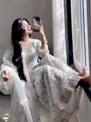 Elegant White Pure Gmy Silk Plazzo Suit With Sequence Coding Dori Work Dupatta